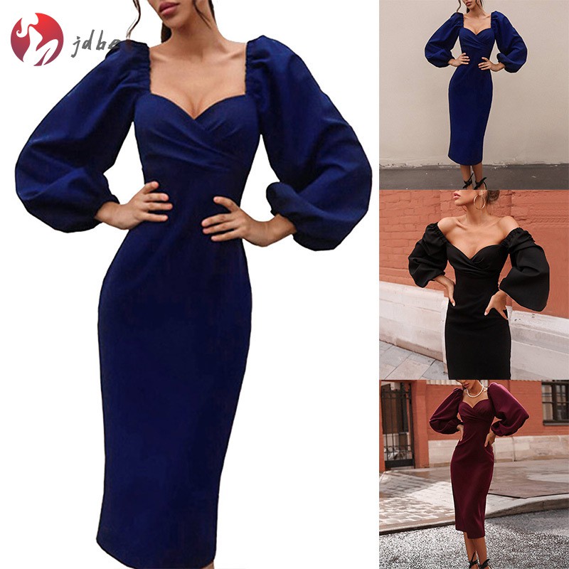 JDBE Women Long Dress V Neck Lantern Long Sleeve Formal Prom Evening Party Dresses Ball Gown Fall Winter