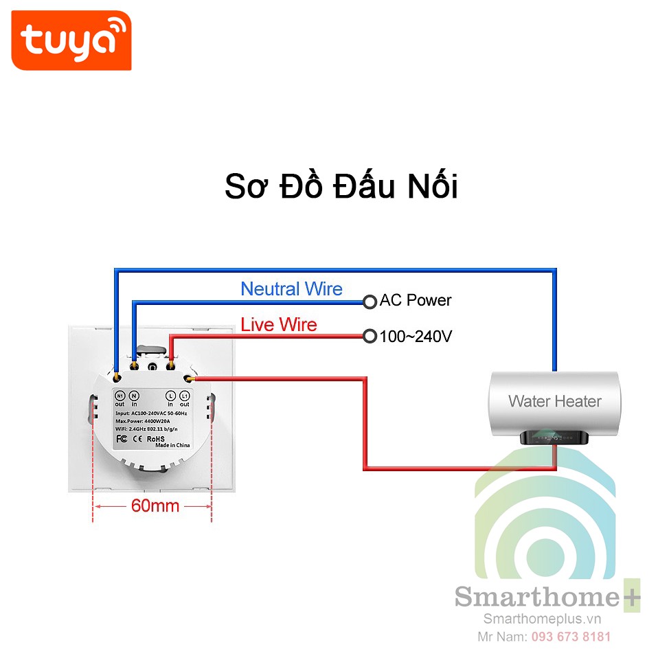 Công Tắc Wifi Bình Nóng Lạnh 20A Hẹn Giờ Tắt Hình Vuông Tuya FW3-EU