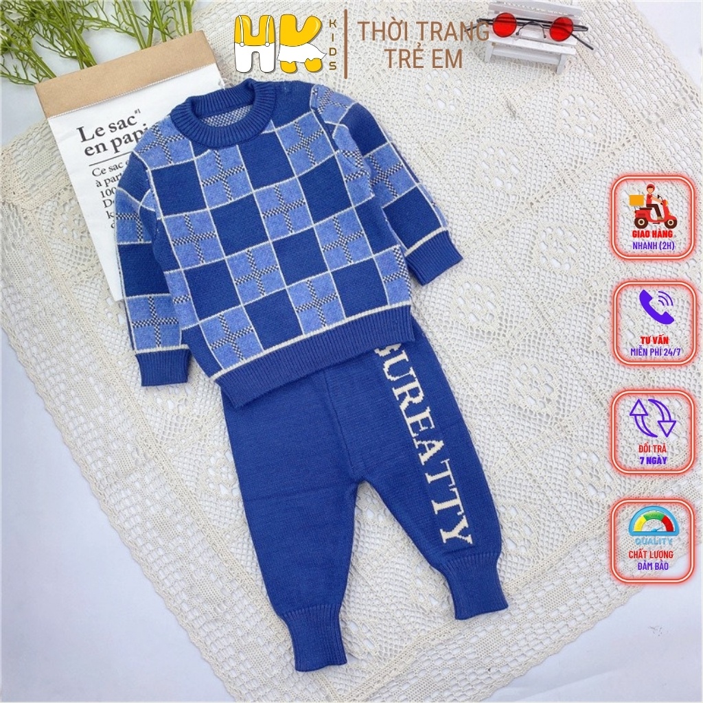 Bộ len cho bé trai từ 1-6 tuổi, chất len cao cấp dày dặn mềm mịn, Áo len họa tiết karo kiểu chui đầu - HK KIDS (mã 2059)