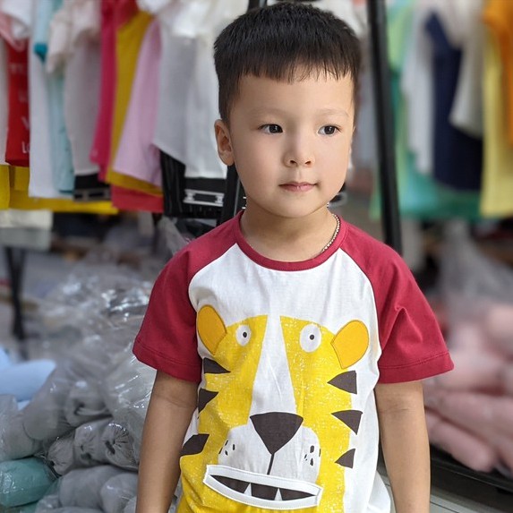 Áo phông cộc trẻ em hình hổ LITTLE MAVEN màu trắng phối tay đỏ chất thun cotton 100% siêu co giãn cho bé trai (307017)