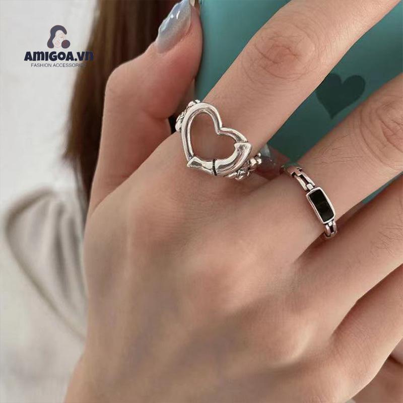 ✨✨Set nhẫn 17KM màu bạc đơn giản mỏng khoét rỗng hình trái tim phụ kiện trang sức cho nam nữ
