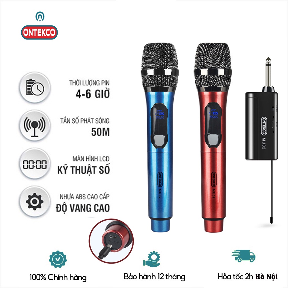Bộ micro không dây ONTEKCO MU02 pin sạc, hát karaoke gia đình chuyên nghiệp, Bảo hành 12 tháng