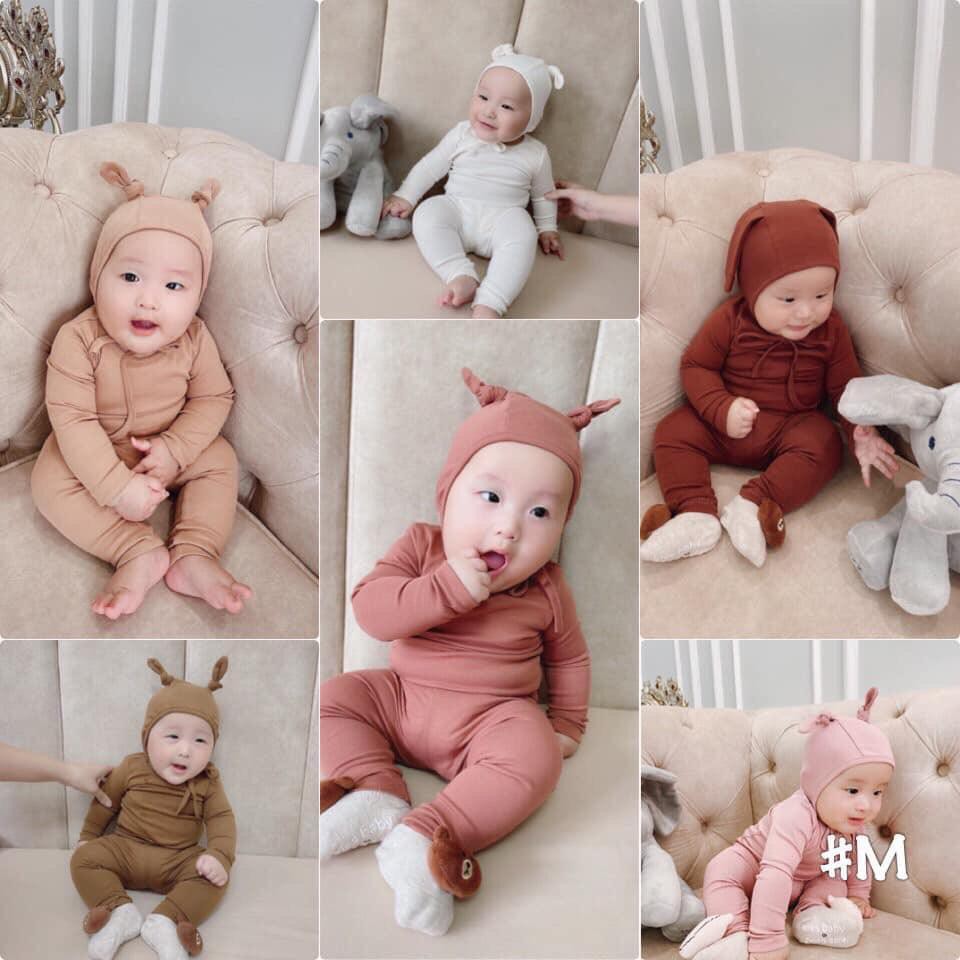 Bộ quần áo trẻ em 3-15kg thu đông dài tay AF KID cho bé kèm mũ tai thỏ siêu ấm cho bé trai bé gái, co giãn và mềm mịn