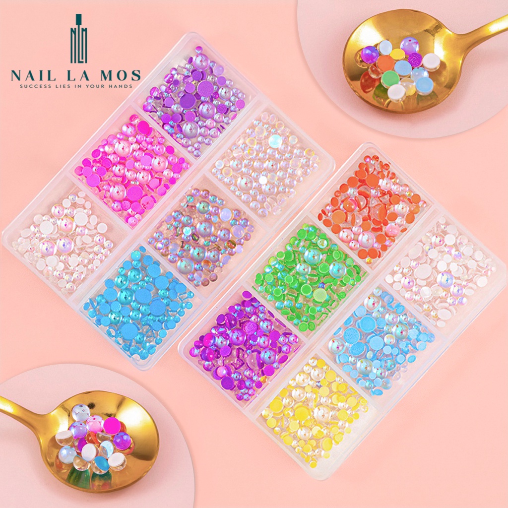 Đá nails cao cấp trang trí móng - Khay đá giọt sương chân bằng mix size 6 màu rất sáng