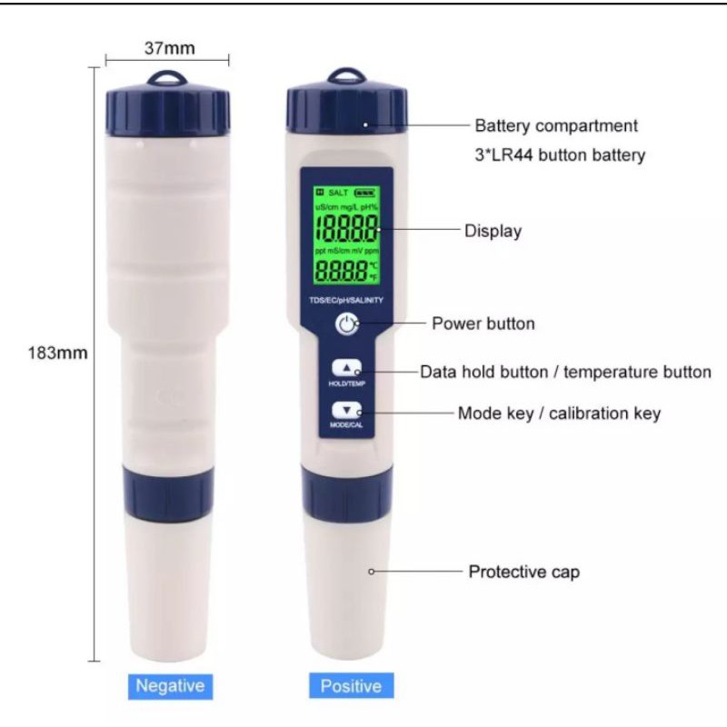 Bút đo 5 trong 1: PH, TDS, EC, ĐỘ MẶN, NHIỆT ĐỘ