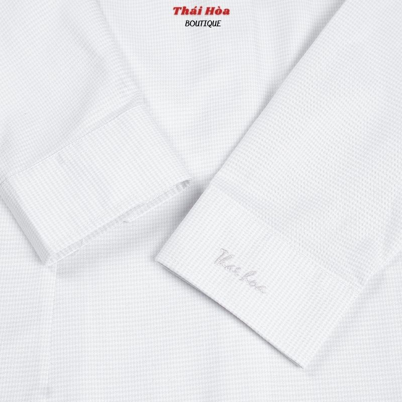 Áo sơ mi công sở nữ dài tay màu trắng đẹp kẻ caro vải cotton Thái Hòa 65-01