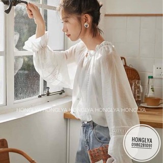 [Ảnh thật] Áo sơ mi tiểu thư tay bồng cổ chun
