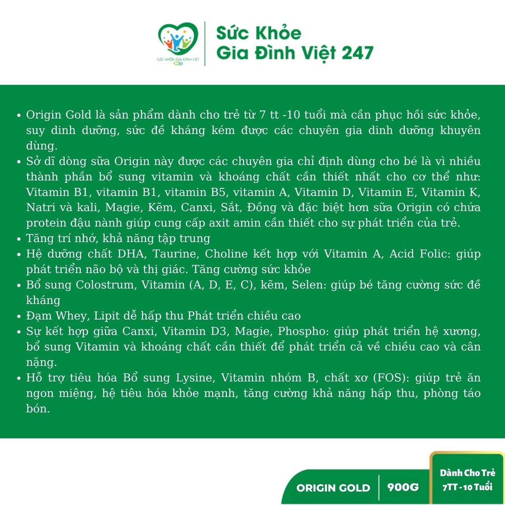 Sữa Origin Gold 900G Dinh Dưỡng Cho Trẻ Ốm Yếu, Suy Dinh Dưỡng, Sức Đề Kháng Kém suckhoegiadinhviet247