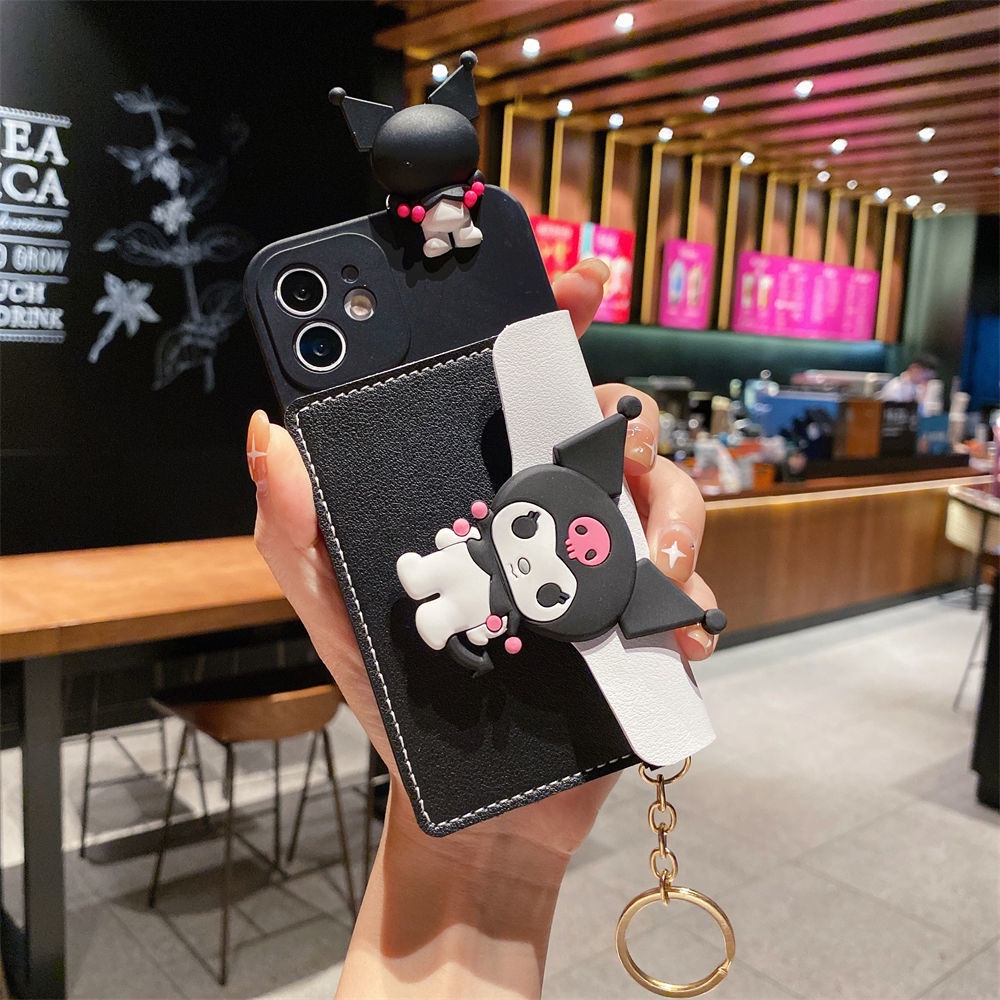 Ốp Điện Thoại Màu Đen Nhám Hình Kuromi Nhật Bản Có Ngăn Đựng Thẻ + Dây Đeo + Giá Đỡ Cho iPhone 7 Trong 1 14 13 12 11 Pro Max mini X XS XR 8 7 6 6s Plus