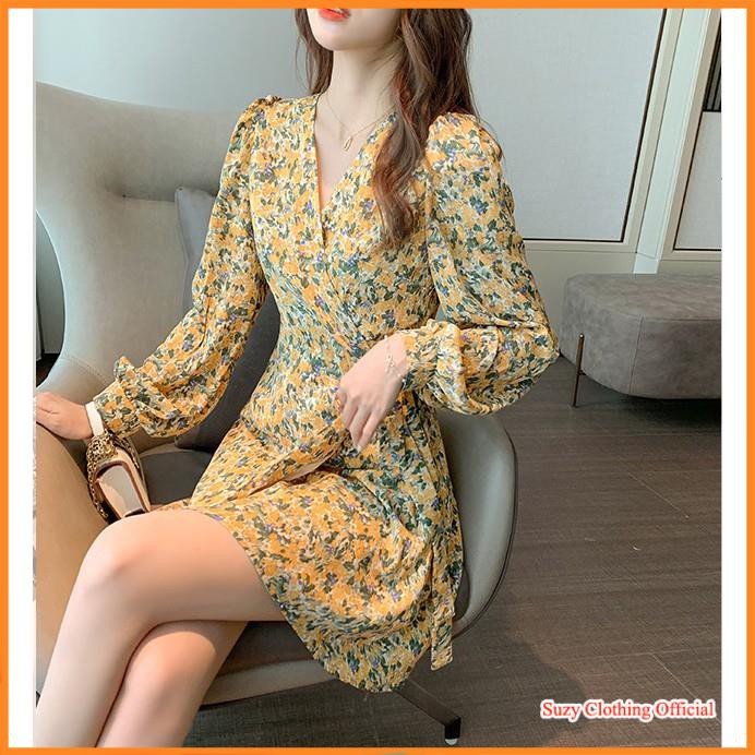 Đầm Dự Tiệc Chất Voan Hoa Nhí Thắt Eo Chéo Tay Phồng Ulzzang | BigBuy360 - bigbuy360.vn
