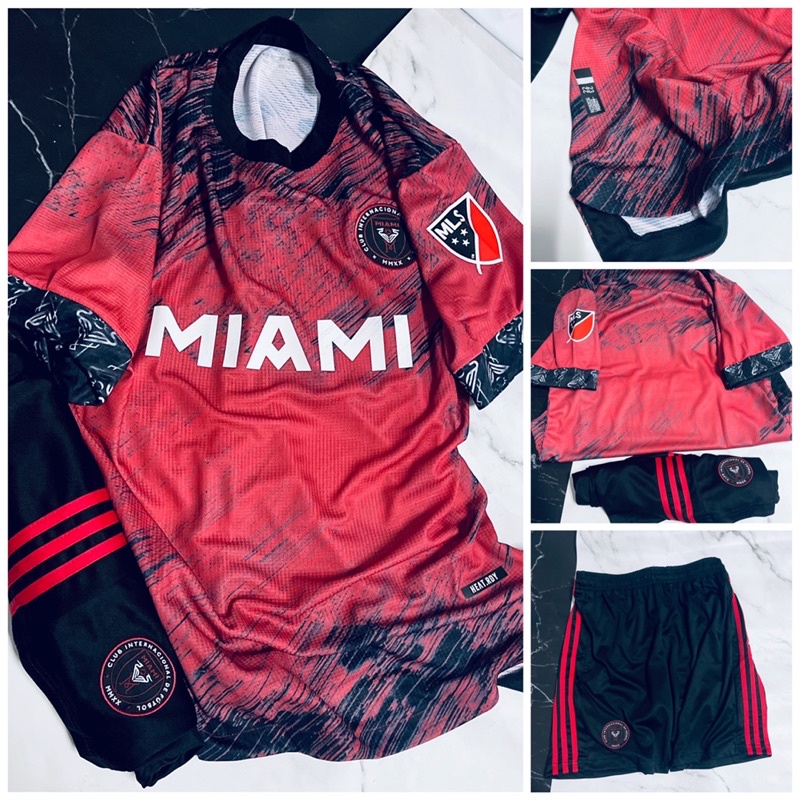 Set bộ quần áo bóng đá thể thao nam nữ vải gai thái miami màu đỏ đen 2022 2023