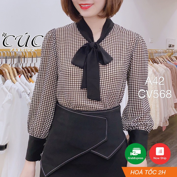 Áo sơ mi nữ công sở cao cấp dài tay thời trang thiết kế Cúc Fashion A42 somi cổ nơ đen