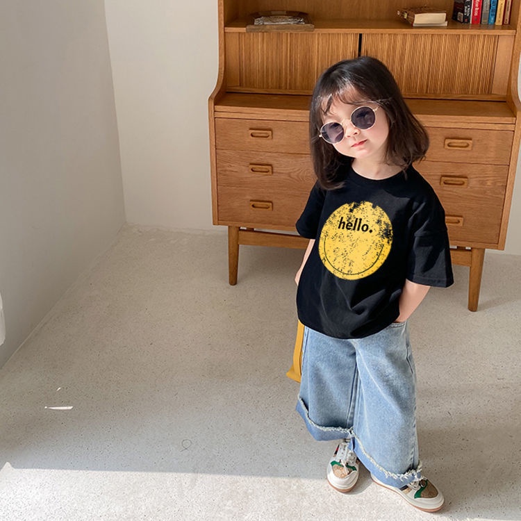 Áo Thun Cotton Ngắn Tay Màu Trơn Họa Tiết In Cho Bé Gái