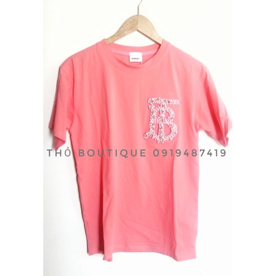 Áo thun BUR.BERRY xuất xịn thun cotton cổ tròn tay ngắn hồng dâu thêu logo đính đá