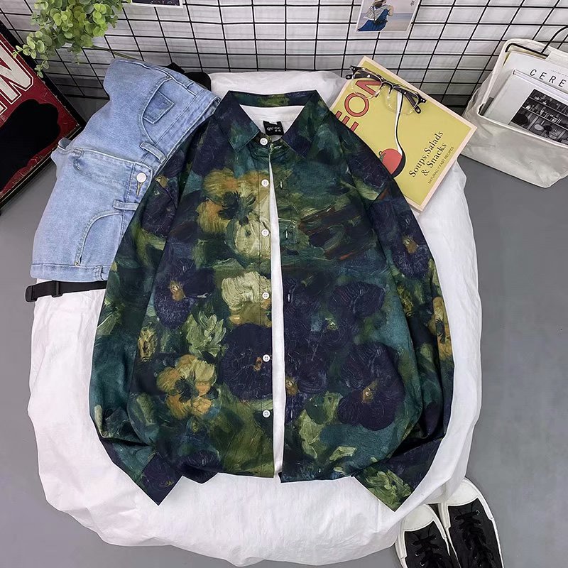 Áo sơ mi dài tay dáng rộng thời trang in tranh sơn dầu phong cách Hàn Quốc