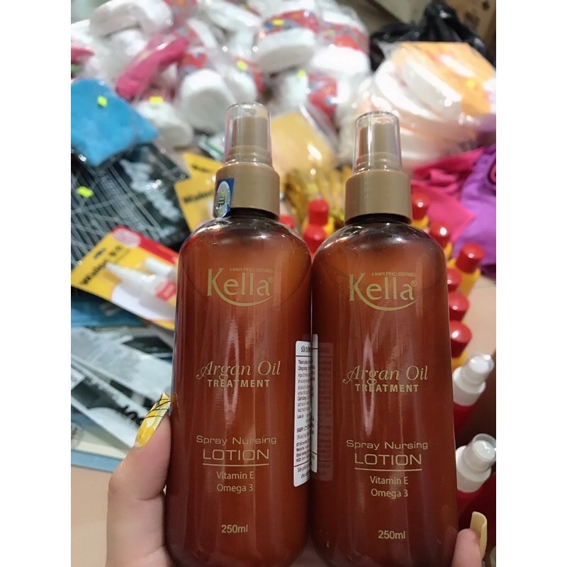 Xịt Dưỡng Tóc Kella Nâu 250ml, Sữa Dưỡng Phục Hồi Tóc Khô Xơ Kella Aragan Oil