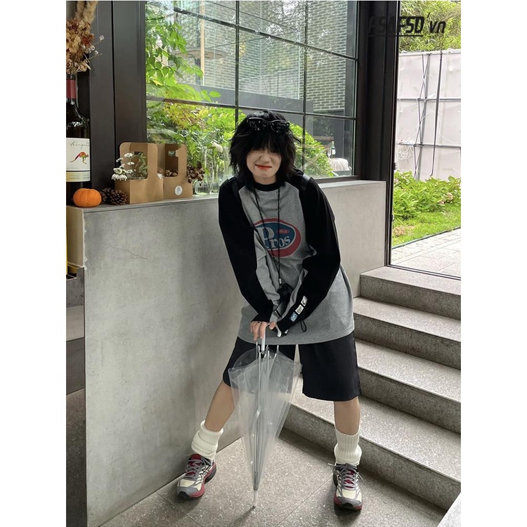 Áo Thun Tay Dài Cổ Tròn Dáng Rộng Màu Sắc Retro Dành Cho Nữ