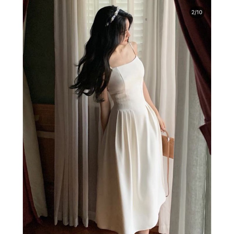 ẢNH THẬT - ĐẦM MIDI TRẮNG 2 DÂY XẾP LY EO