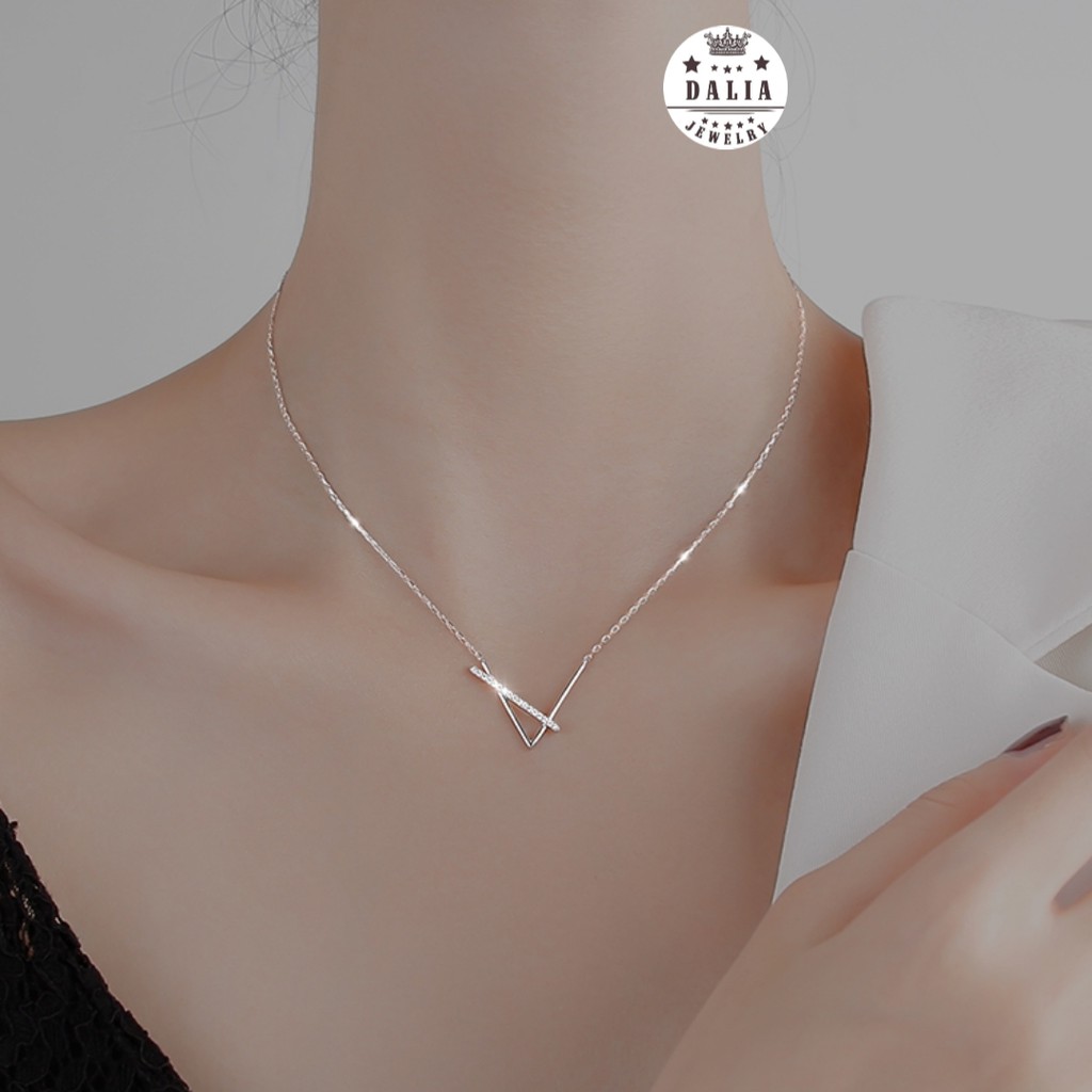 Dây chuyền bạc nữ thật DaLiA Jewelry dây chuyền mặt đá thanh xiên chạm trái tim lấp lánh vòng cổ bạc thật 925