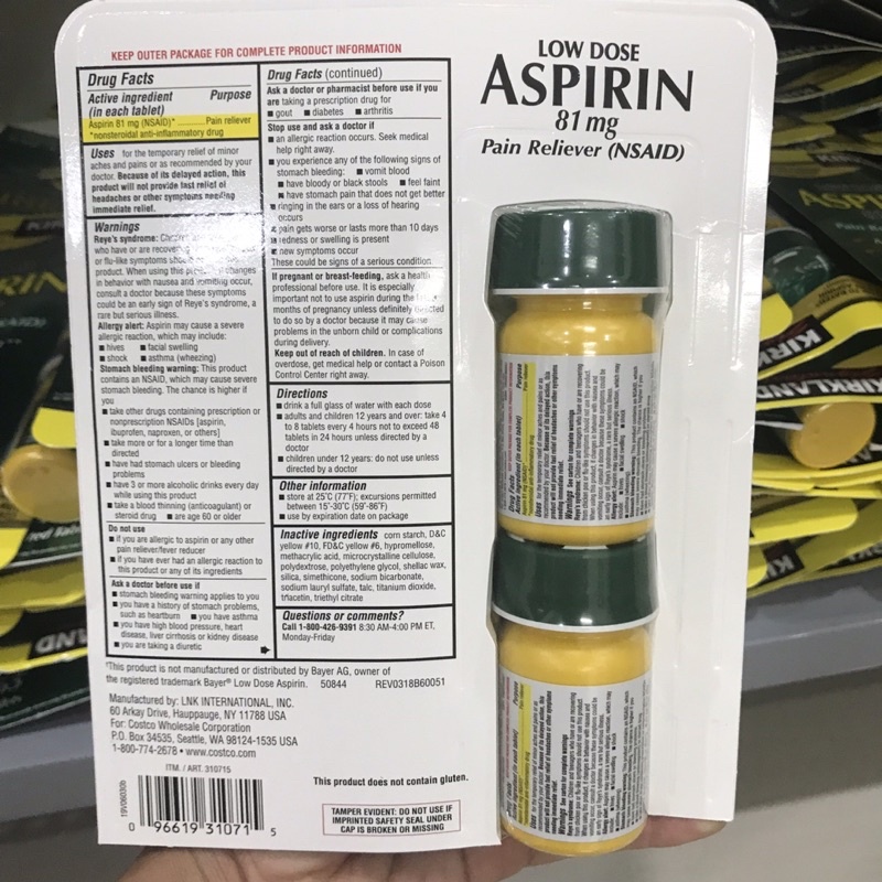 Aspirin 81mg Kirkland Signature lọ 365 Viên của Mỹ