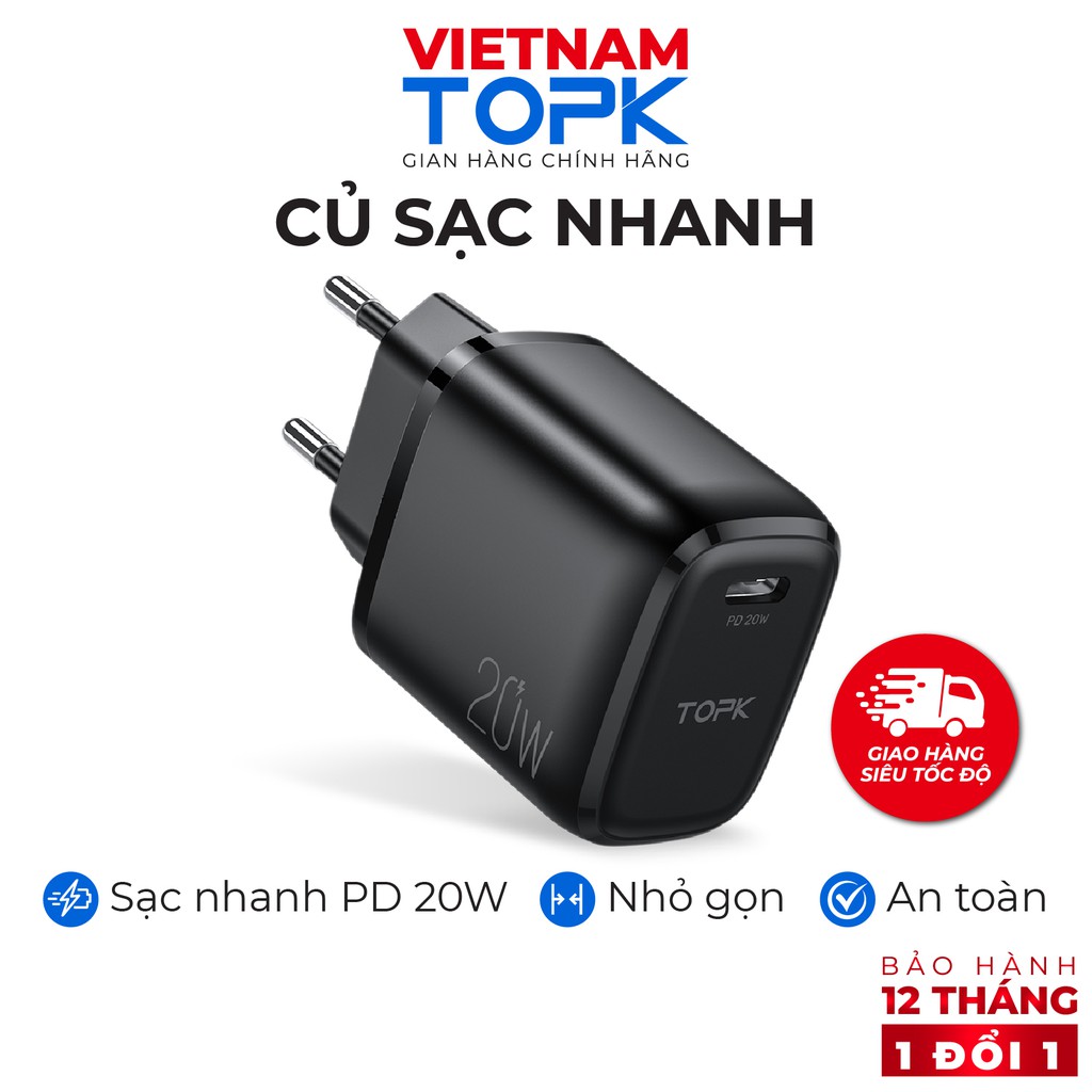 Củ sạc nhanh TOPK B110P Sạc nhanh PD Công suất 20W Cổng Type C - Hãng phân phối chính thức Bảo hành 12 tháng