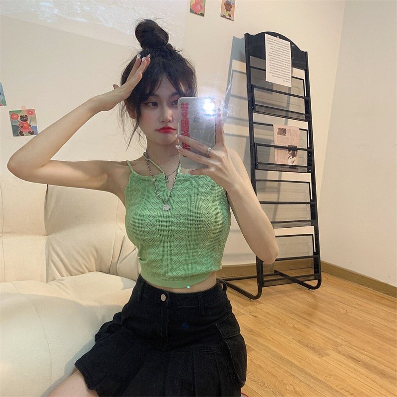 Áo 2 dây nữ cách điệu chất len dệt kim dáng croptop hàng QC mã mới 2022