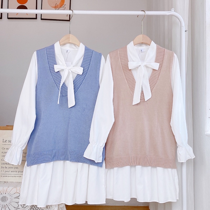 Set váy da lộn cổ nơ