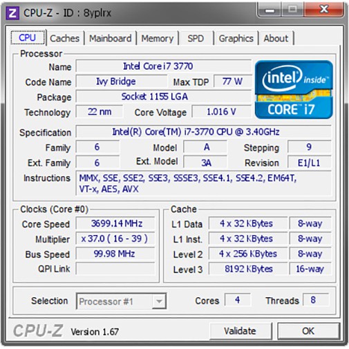 Bộ vi xử lý Intel Core i7 3770 3.40GHz(up to 3.9GHz, 4 lõi,8 luồng), Bus 1333/1600MHz (Giá Dùng Thử)