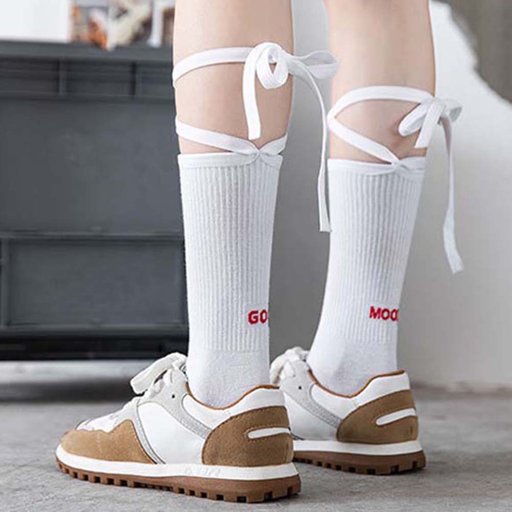 Tất Cotton Dài Mềm Mại Màu Trơn In Chữ Phong Cách Nhật Bản Cho Nữ