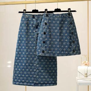 Spring Summer Heavy Industry Printing A-line Denim Skirt Women Korean Button High Waist Bag Hip Skirt