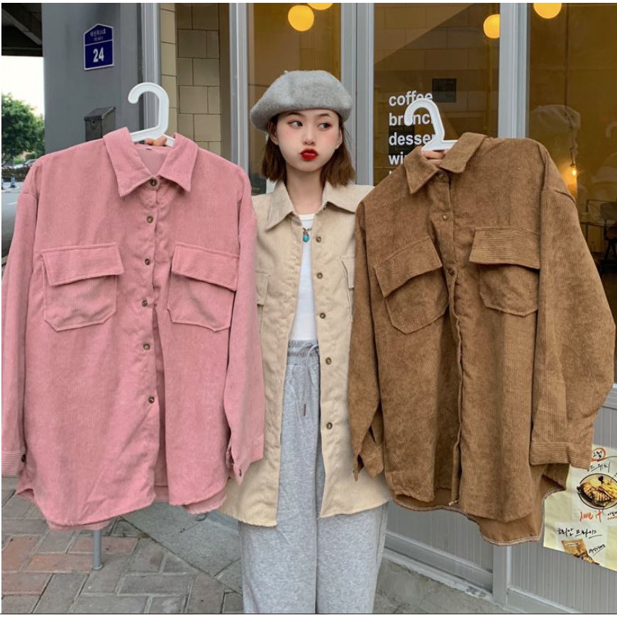 Áo Sơ Mi Nam Nữ Unisex Form Rộng Chất Liệu Nhung Tăm Phong Cách Hàn Quốc (có size)