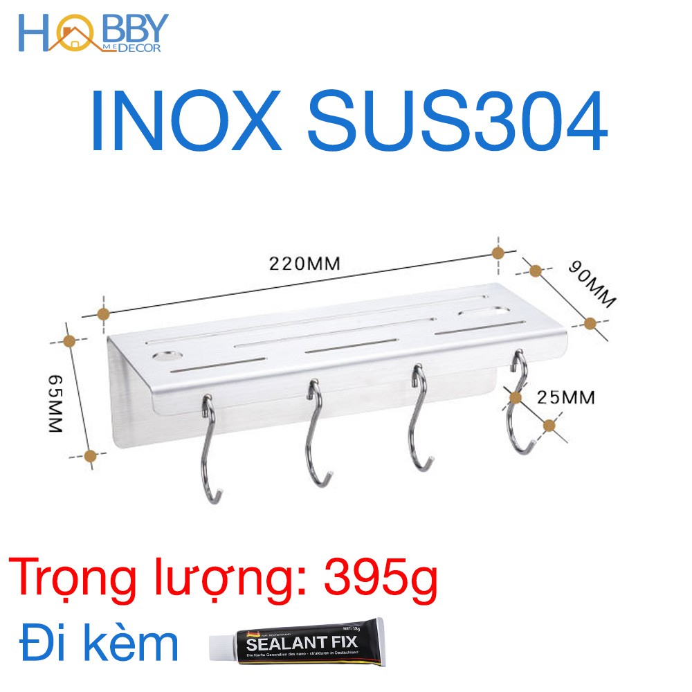 Kệ để dao kéo HOBBY KDT Inox 304 nhiều ngăn - có 4 móc treo - kèm keo dán gạch men và đinh ốc