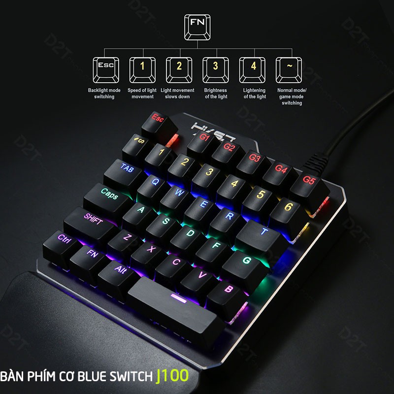 Bàn phím cơ 1 tay J100 LED RGB Rainbow chơi game PUBG, Call of Duty và các game mobile trên Rawm Shell ,Lingzha 2 Pro,Q1