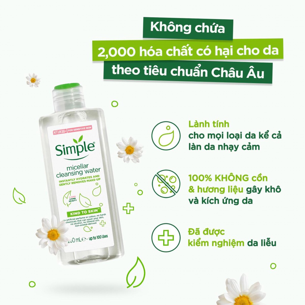 [Quà Tặng Khẩu Trang] Nước Tẩy Trang Simple - Micellar làm sạch trang điểm vượt trội - không chứa cồn gây khô rát 200ml | BigBuy360 - bigbuy360.vn