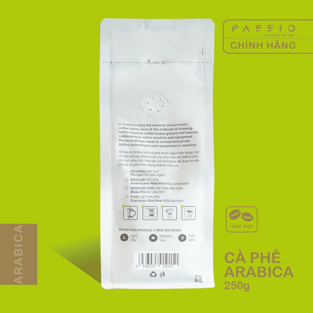 Cà phê Arabica dạng Hạt nguyên chất 100% rang mộc - Passio Coffee