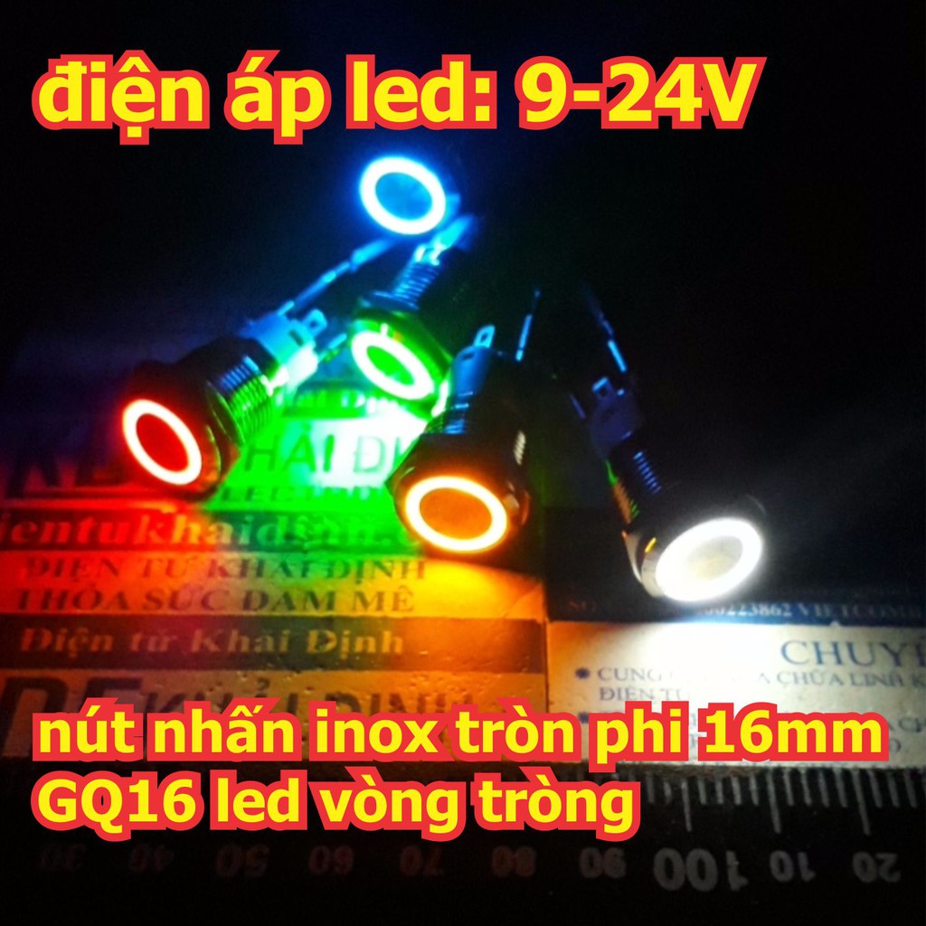 nút nhấn inox chống nước, dạng tròn khoét lỗ 16mm, ON/OFF, nhấn giữ GQ16 đầu phẳng led vòng tròn có 5 màu kde5886