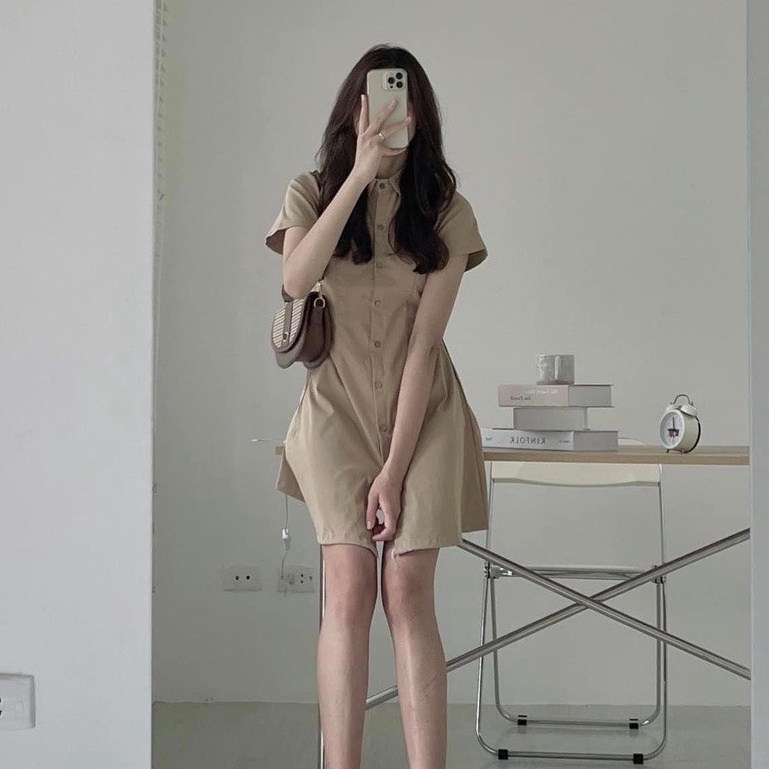 Đầm váy nữ xinh cộc tay,váy sơ mi basic cổ polo cài cúc chiết eo lưng chun nhiều màu thời trang chất thô đẹp V282 SUTANO