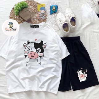Set bộ áo thun hoạt hình bò sữa và quần đùi Unisex nam nữ thể thao chất thun mềm mát - CUTEZOO