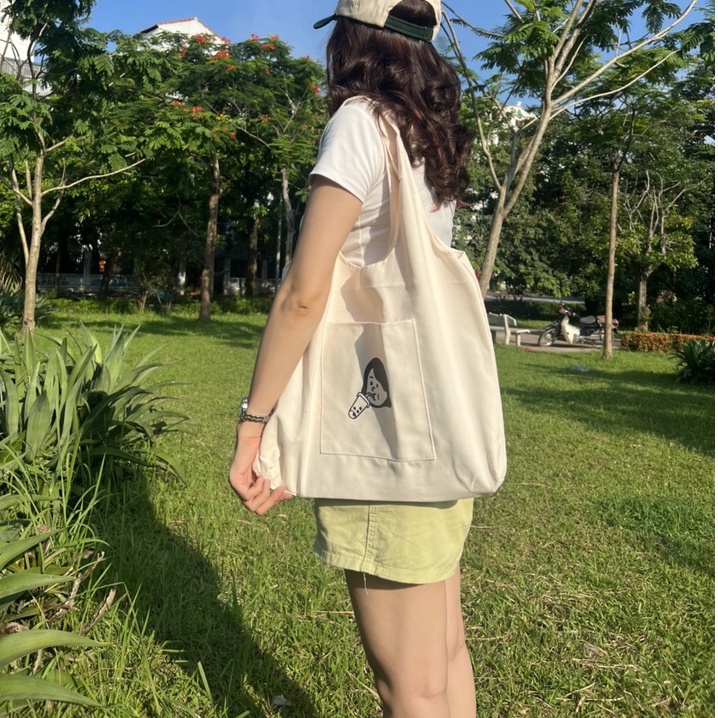 Túi tote HAZIN vải canvas ulzzang unisex in chữ có túi nhỏ bên ngoài đi học đi chơi