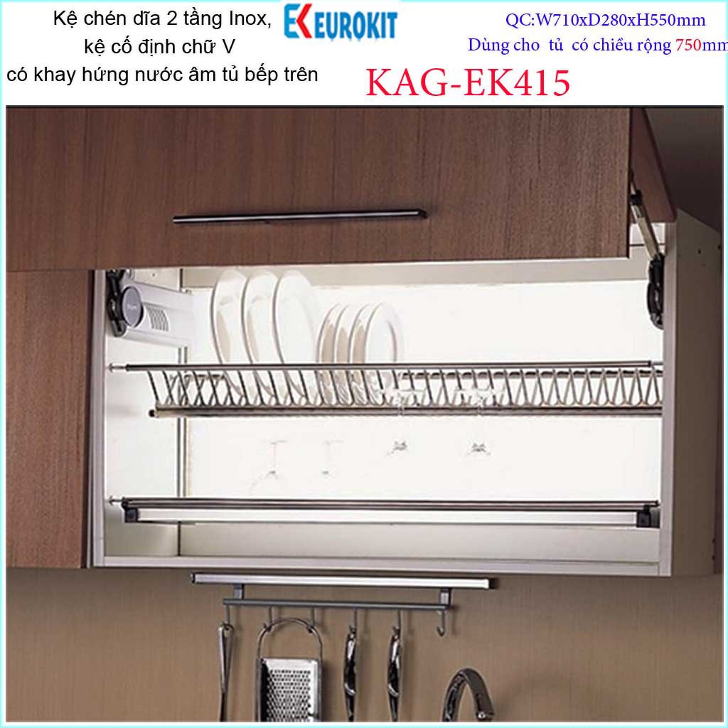 Kệ  chén dĩa âm tủ chữ V KAG-EK415-75cm, Kệ chén bát 2 tầng Eurokit inox bóng cao cấp