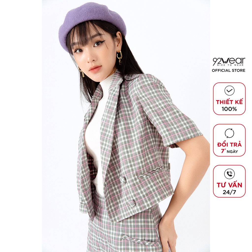 Áo vest nữ dáng lửng ngắn tay 92WEAR, họa tiết kẻ caro trẻ trung ABA1966 | BigBuy360 - bigbuy360.vn