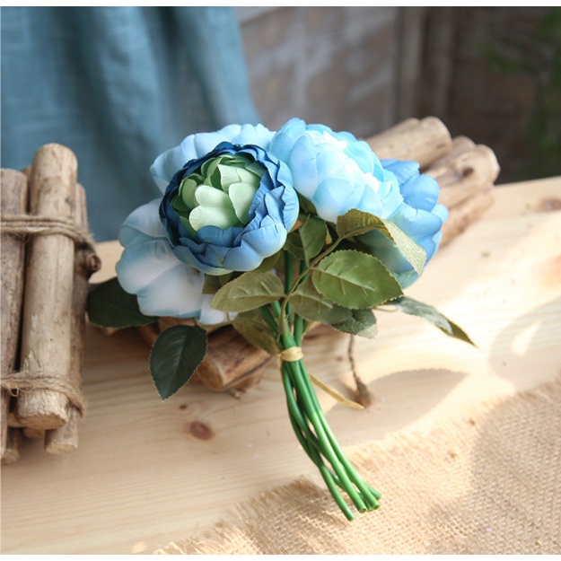 1 Bó 6 Bông Hoa lụa cao cấp trang trí nhà cửa mô phỏng hoa hồng trà mẫu đơn mang nét đẹp gần gũi với hơi thở Âu Châu