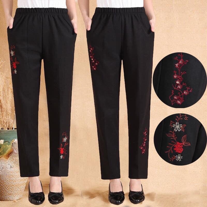 Quần dài nữ quần trung niên thêu hoa dáng suông co dãn dễ kết hơp mặc 4 mùa