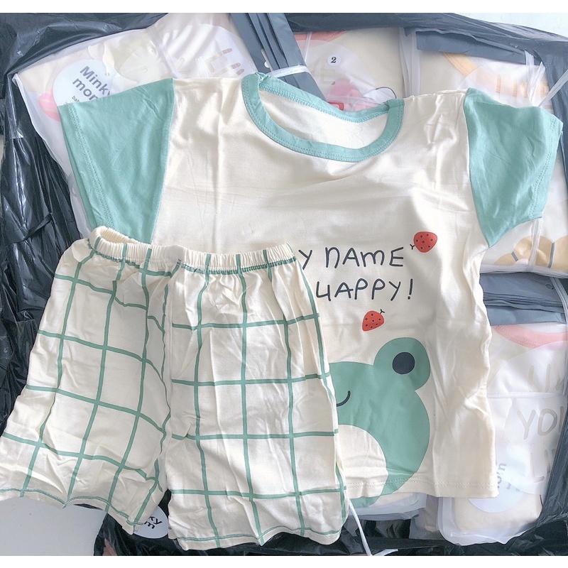 Bộ quần áo thun lạnh Minkymom hoạ tiết hình thú quần kẻ caro mềm mịn mát cho bé 5-15kg