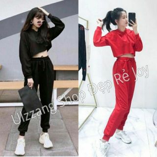 SET THỂ THAO FULL ĐEN GỒM CROPTOP CÓ NÓN VÀ QUẦN JOGGER ỐNG BÓ