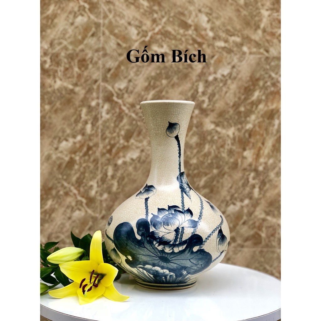 Bình Hoa Lọ Hoa Dáng Tỏi Dẹt Men Rạn Cổ Vẽ Hoa Sen Gốm Sứ Bát Tràng - Gốm Bích