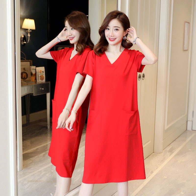 Đầm Thun Cotton Tay Ngắn Cổ Chữ V Dáng Rộng Phối Túi Lớn Thời Trang 2020 Cho Nữ