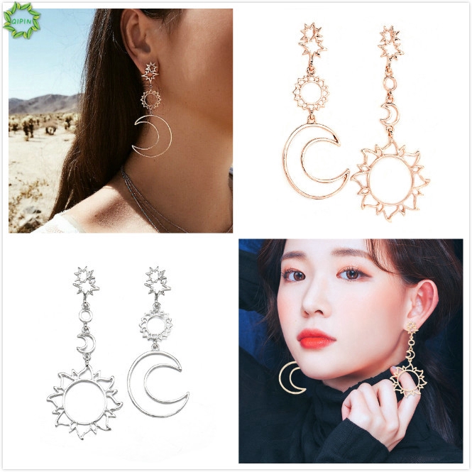 Khuyên tai thả mặt trời mặt trăng thiết kế rỗng không đối xứng phong cách boho thời trang cho nữ