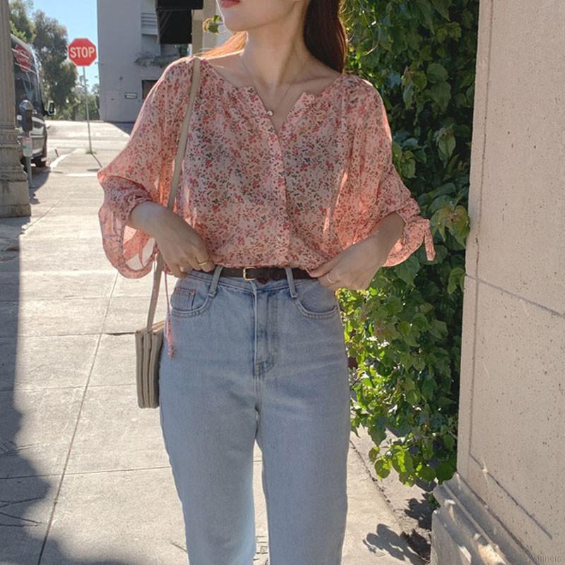 Women's Korean-style chiffon floral long-sleeved thin shirt | BigBuy360 - bigbuy360.vn