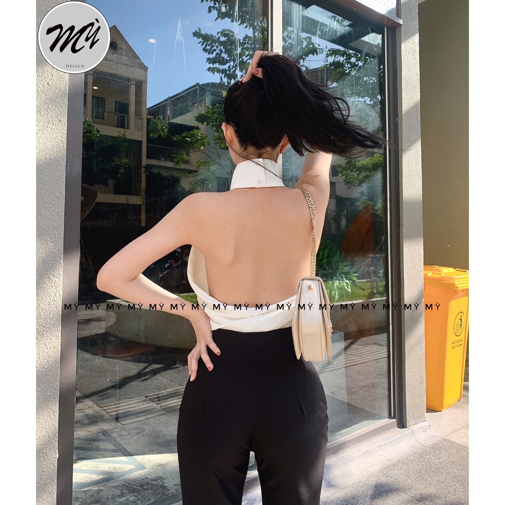 Áo Kiểu Hở Lưng Cổ Yếm Freesize Dưới 55kg Chất Đũi Nhăn Màu Đen  Phối Quần Ôm Ống Loe Chất Cotton Lanj